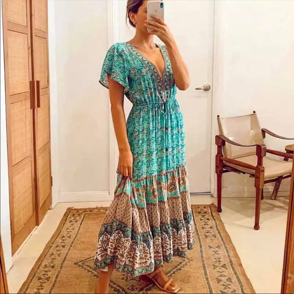 Boho Floral Gypsy Stripe Print Maxi Dress teal - Picture 4 of 16